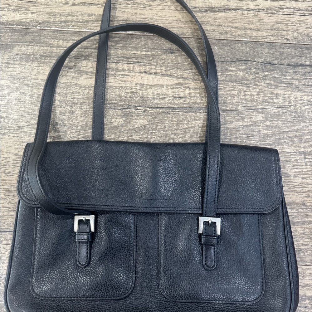 vintage Longchamp black leather shoulder bag tote